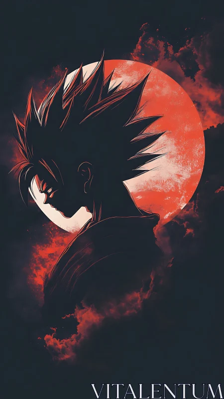 Silhouetted spiky-haired figure before red circular moon.