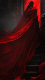 Crimson cloaked figure ascending obsidian stair toward bloodlit door