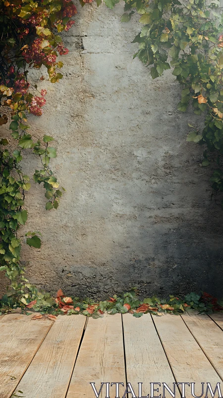 Rustic garden wall with creeping ivy over wooden floorboards.