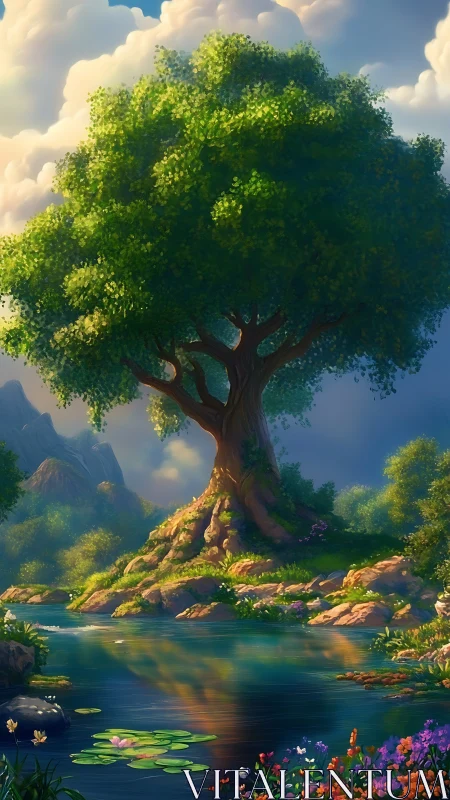 Large tree above reflective pond in idealized valley scene.