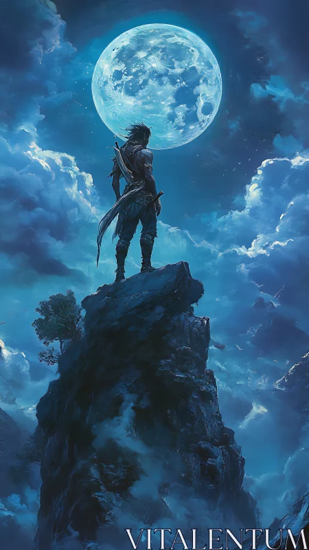 Lone lunar warrior on cloud-sheathed pinnacle under full moon.