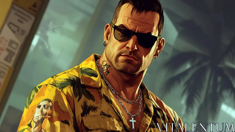 Tattooed tough guy in tropical shirt glares under neon haze