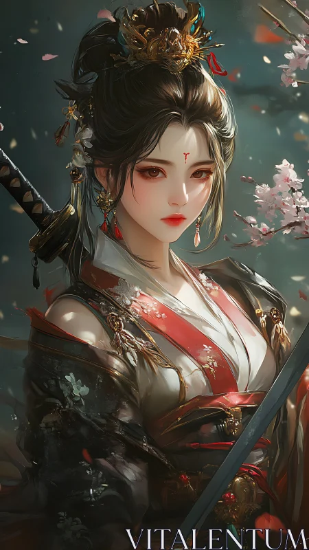 Samurai-inspired female warrior in ornate kimono portrait.