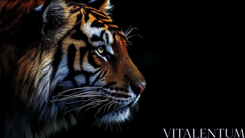 Midnight tiger gaze carved in ember-striped shadowed silence.