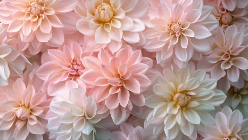 Soft-focus pastel dahlias in layered macro bloom arrangement.