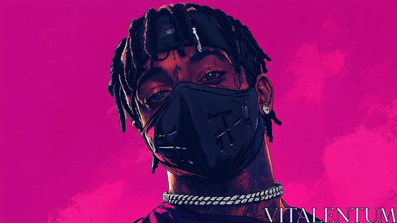 Masked hip hop portrait with bold magenta background.