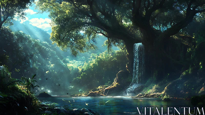 Enchanted forest pool glows beneath radiant waterfall light.