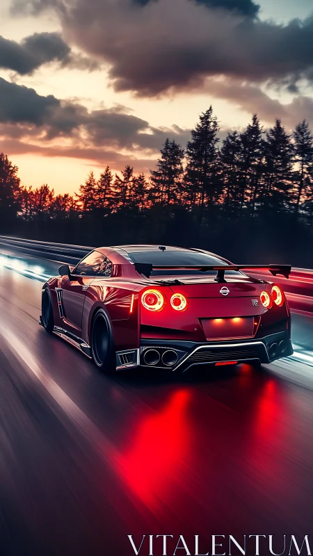 Crimson street missile blurs through dusk on neon rails