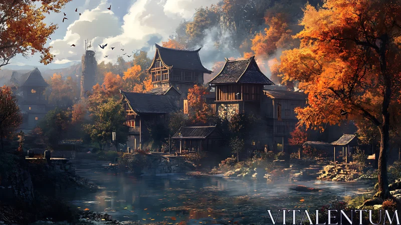 Amber mist over riverside pagodas in a quiet autumn valley.