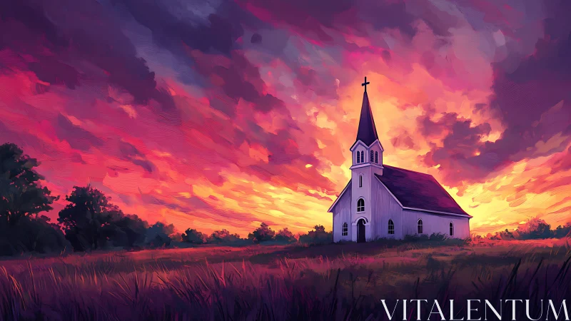 Twilight chapel gleams beneath a storm of painted fire skies.