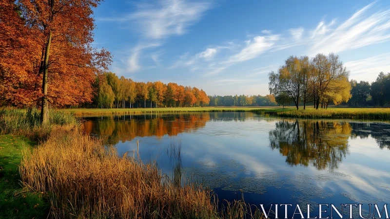 Calm autumn lake reflects golden trees under clear sky