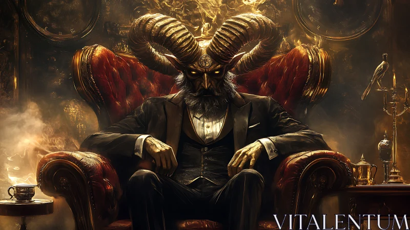 Demonic gentleman enthroned in baroque, ember-lit interior