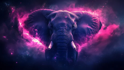 Nebula-touched cosmic elephant charging through violet stardust.