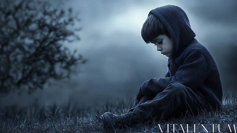 Melancholic boy in hoodie sitting alone on grass under cool blue light