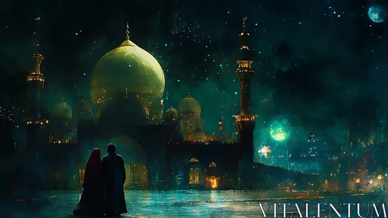 Couple observing illuminated domed city under night sky.