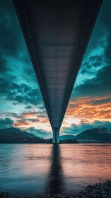 Symmetric underside bridge perspective over reflective fjord at dusk.