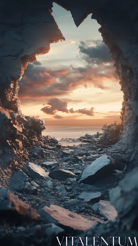 Rocky coastal cave opening onto calm sunset seascape.