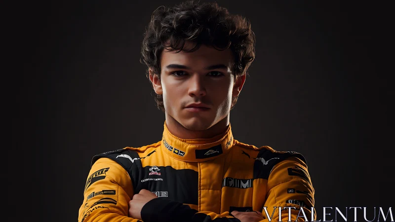 Portrait of race driver in orange suit on dark backdrop.