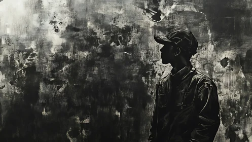 Solitary soldier silhouette against rough abstract wall.