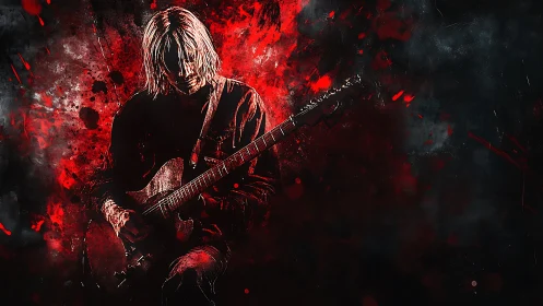 Guitarist lost in fiery red music and midnight shadows.