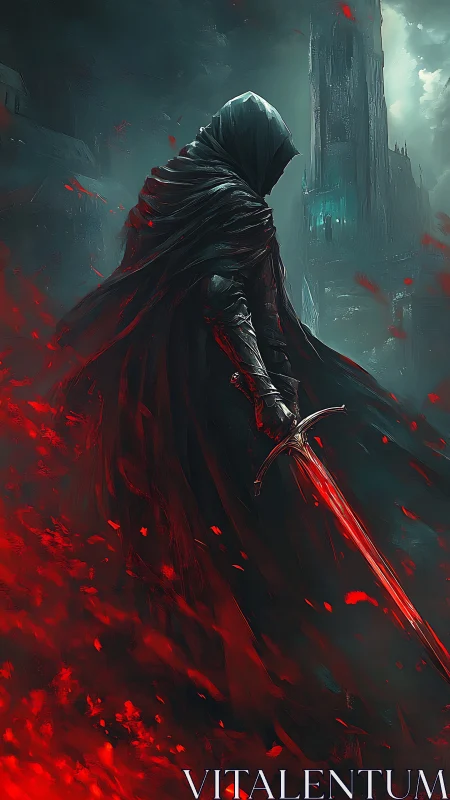 Cloaked warrior stands with a glowing red sword in ruinous dusk