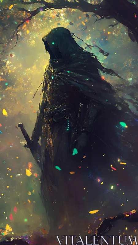 Mysterious hooded wanderer glowing in an enchanted forest.