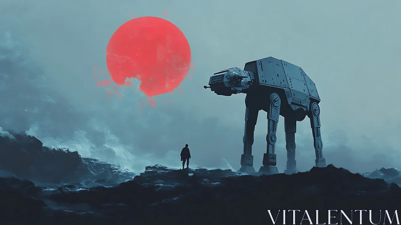 Walker silhouette under red sun on misty alien ridge.