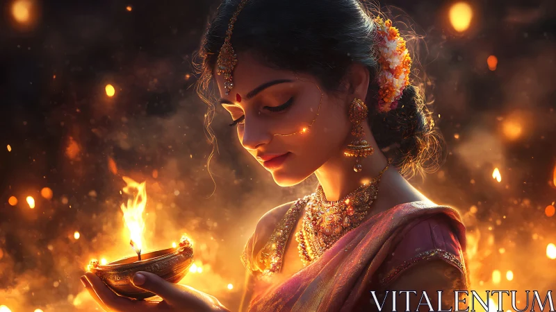 Woman holds ceremonial oil lamp under golden firelight.