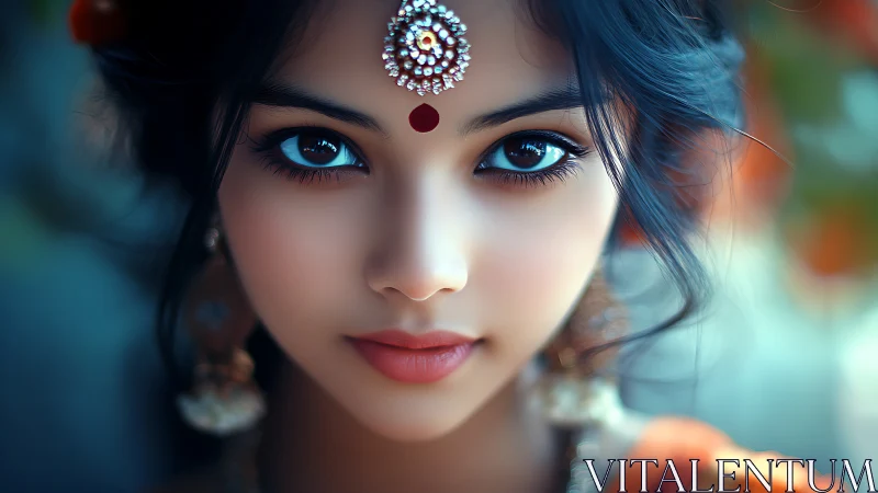 Digital portrait of woman with jeweled bindi and earrings.