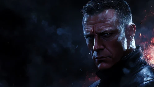 Brooding agent portrait against burning cosmic shadows.