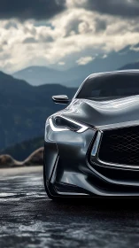 Modern metallic coupe front detail on wet mountain road.