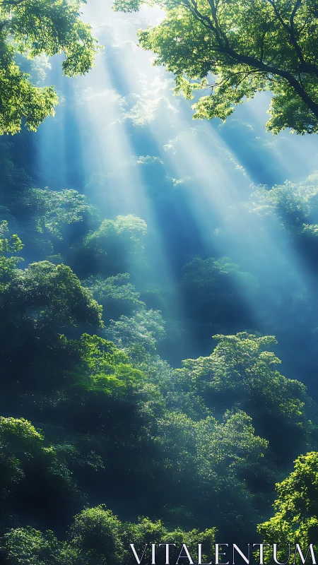 Sunlight Through Forest Canopy with Crepuscular Rays.