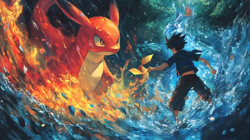 Storm-slashed trainer duels fire dragon in swirling waveforge.