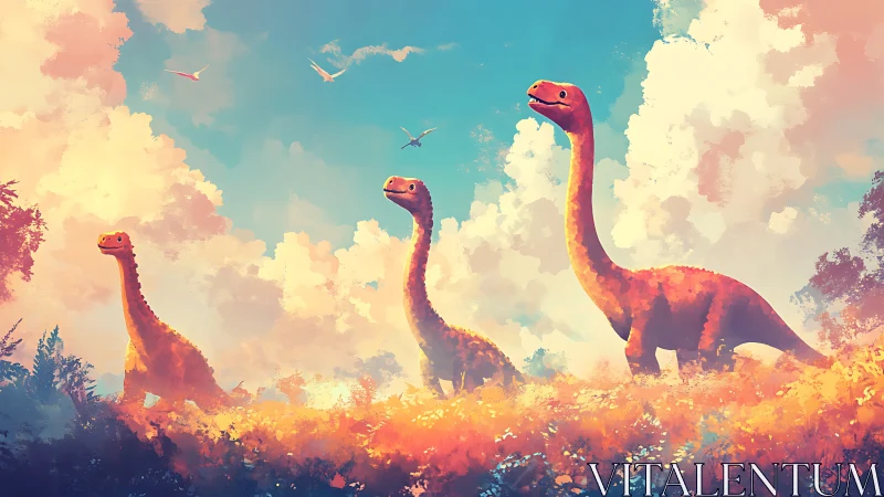 Three stylized sauropod dinosaurs stand in a bright meadow