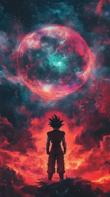 Saiyan warrior faces cosmic storm under burning nebula