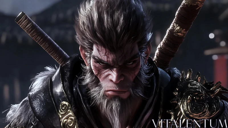 Stoic warrior monkey king with twin swords in armor.