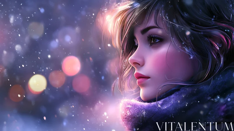 Profile portrait of winter girl amid glowing city bokeh