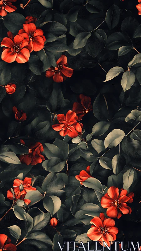 Vibrant red flowers bloom amid verdant foliage in dramatic contrast
