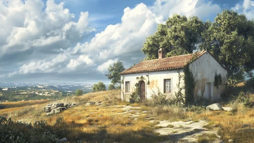 Sunlit rural cottage under volumetric clouds and olive trees.