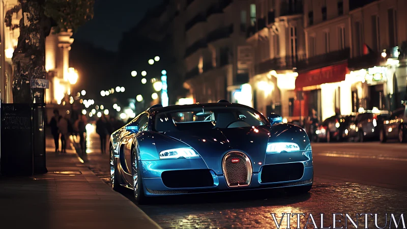 Blue supercar parked on glowing city street at night.