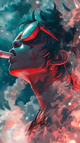 Cyberpunk portrait with smoking figure in neon fog.