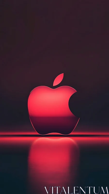 Red neon apple logo with reflective dark minimalist backdrop.
