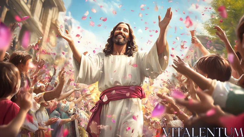 Messianic figure greeted by jubilant crowd under falling petals
