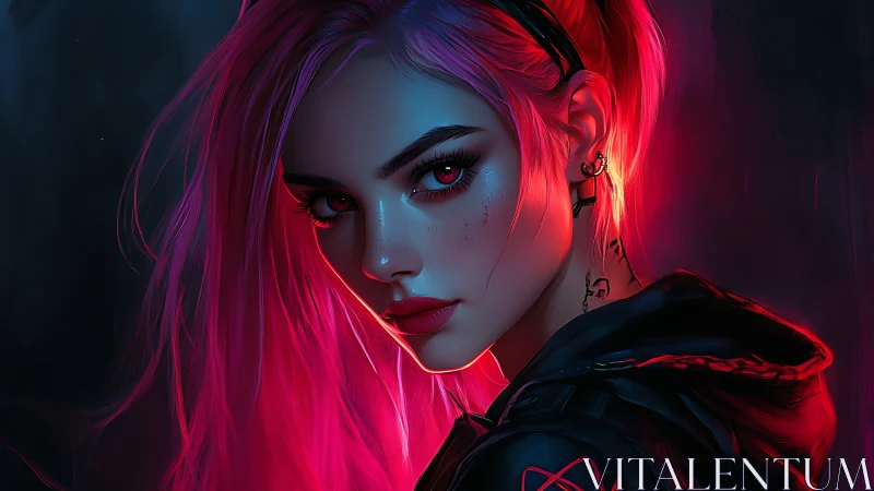 Neon-lit digital portrait of pink haired woman in profile.