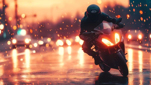 Motorcyclist leans into wet city street curve at sunset