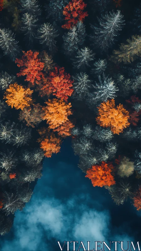 Autumn forest crowns frame deep blue reflective water.