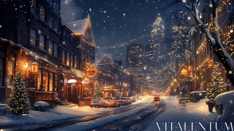 Snowy city street glows with cozy Christmas lights and life