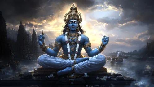 Serene blue deity meditating beside river under stormy sky.
