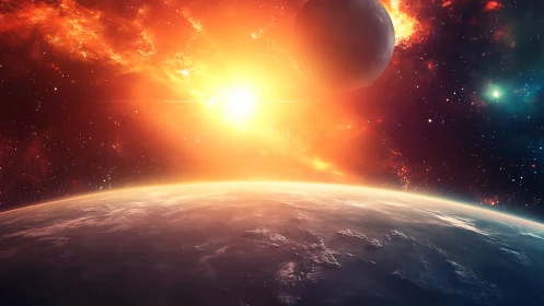 Stellar horizon flare with planetary limb in luminous corona.