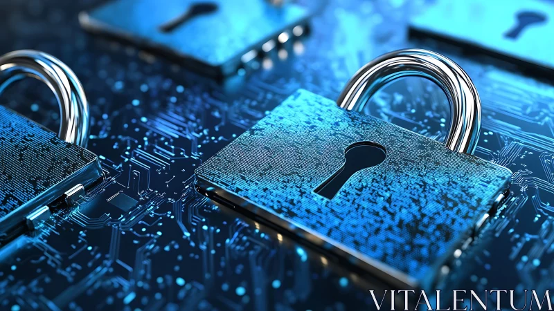 Metallic padlocks secure a blue illuminated digital circuit board